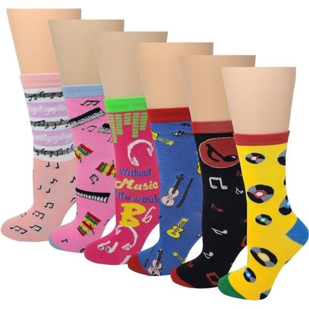 Women Stretchy Novelty Crew Colorful Fancy Crazy Design Soft Socks 6 Pairs